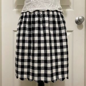 J.Crew Linen Blend Checkered Gingham Mini Skirt Black & White Scalloped Hem Sz 6